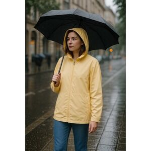 VTG IZOD Rain Jacket Womens Large Yellow Zip Up Hooded Windbreaker Retro Classic